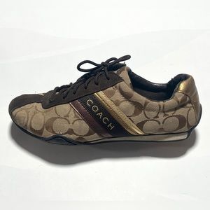 COACH Jayme Signature Sneaker Shoes 8.5 Logo Canvas Suede Brown Gold